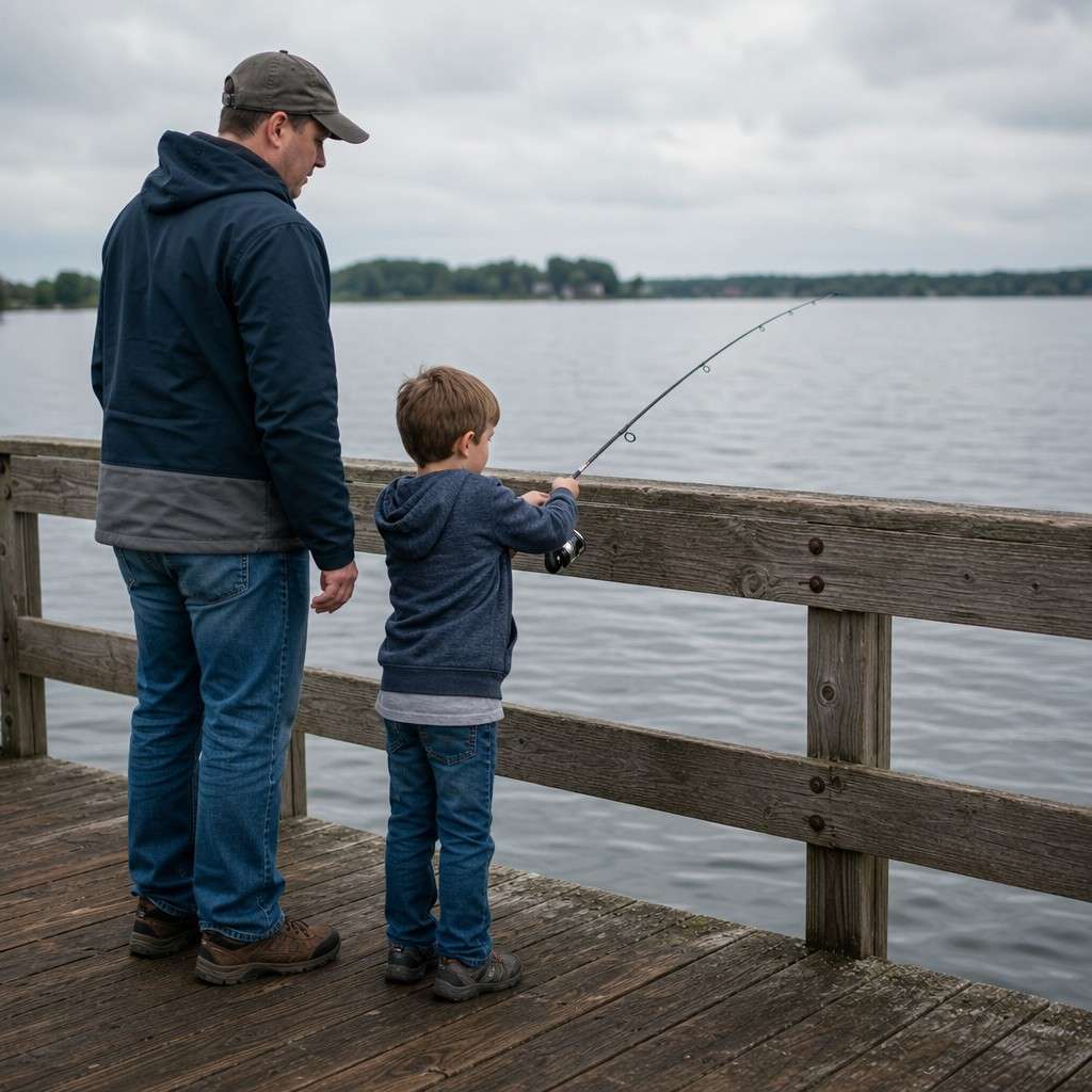 A child fishing from a public pier on an overcast day with a parent standing beside them, plain clothes, candid