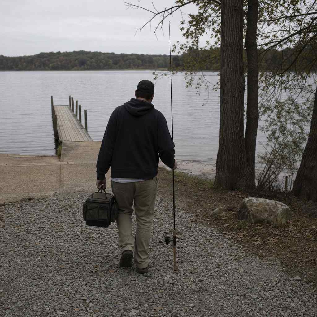A quiet public fishing access point at a lake, a simple gravel lot and weathered wooden dock, an angler walking down with a rod and a small tackle bag, an information board only as a soft out-of-focus shape in the background