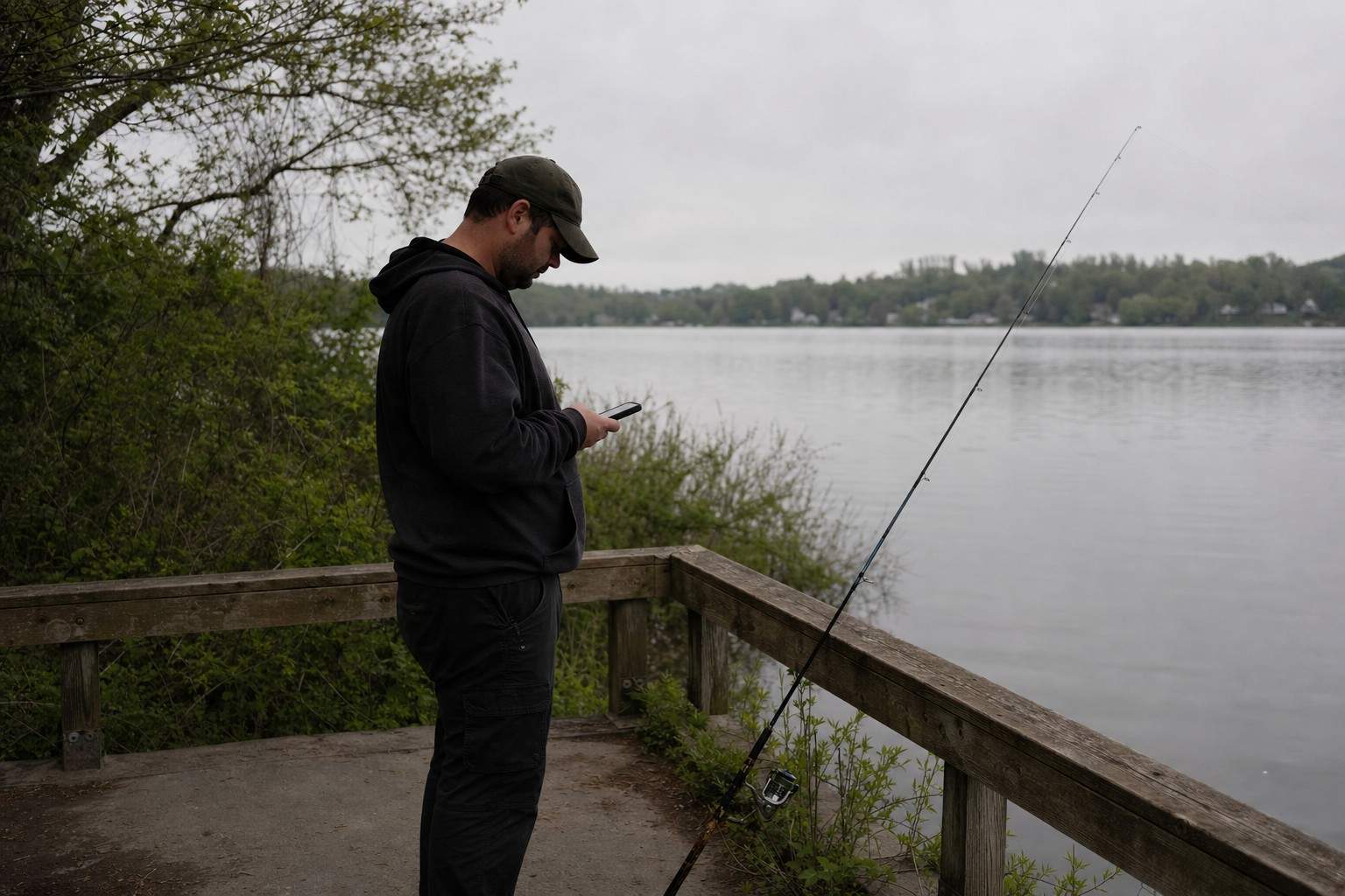 An everyday angler at the edge of a calm US lake on an overcast morning, rod resting beside them, glancing at their phone