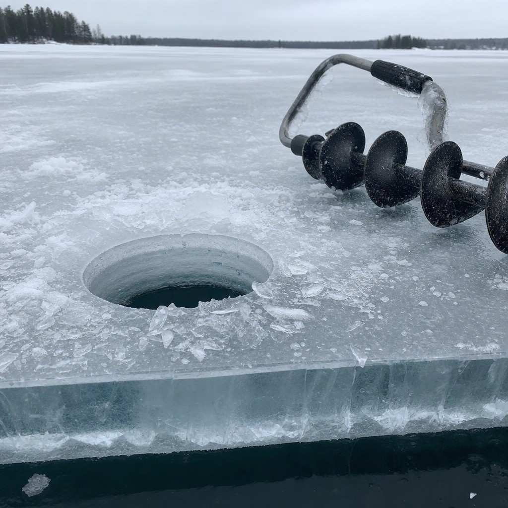 A freshly drilled ice fishing hole with a hand auger resting beside it, the cross-section of the ice edge visible