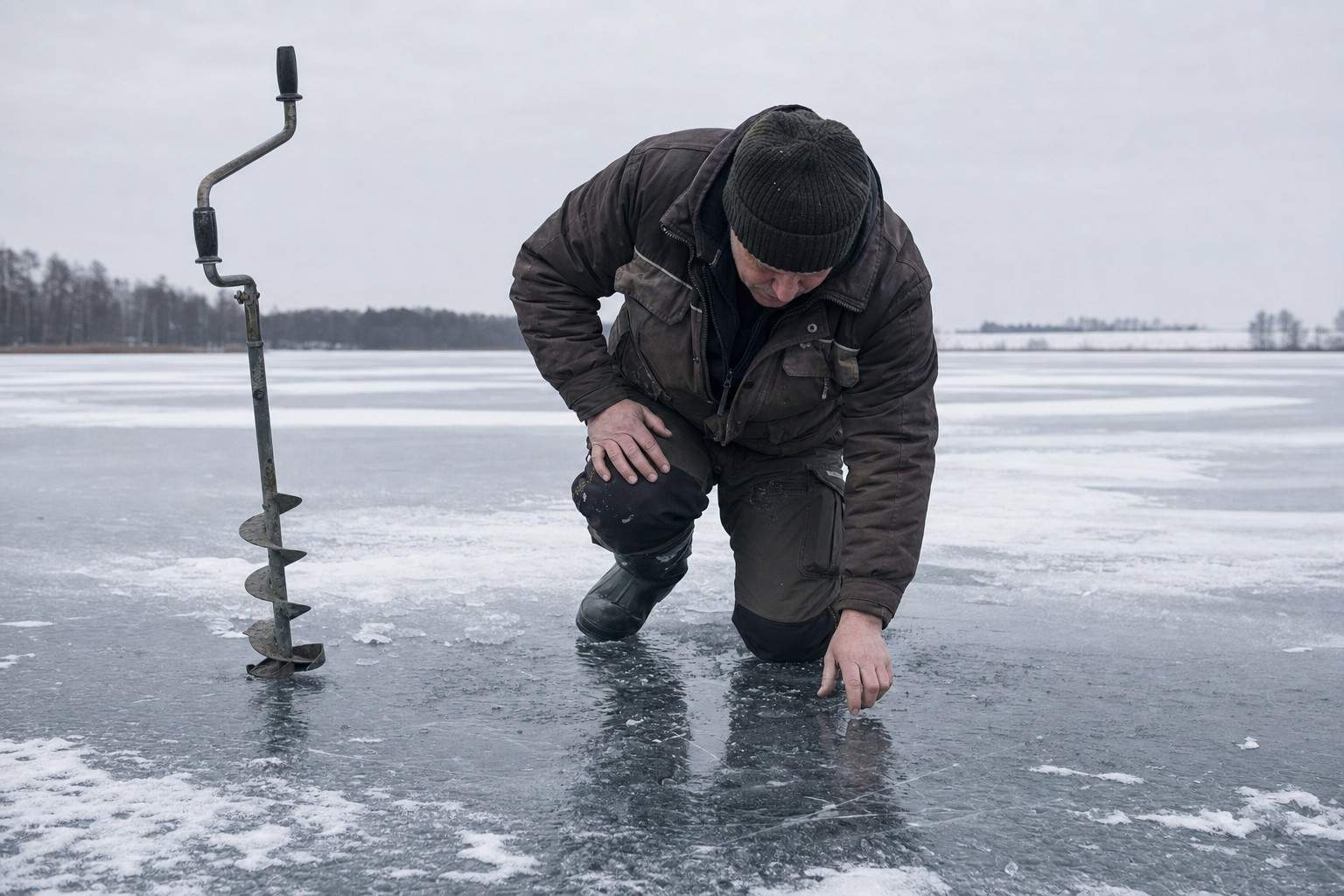A person kneeling on a frozen lake checking the ice beside a hand auger on an overcast winter day