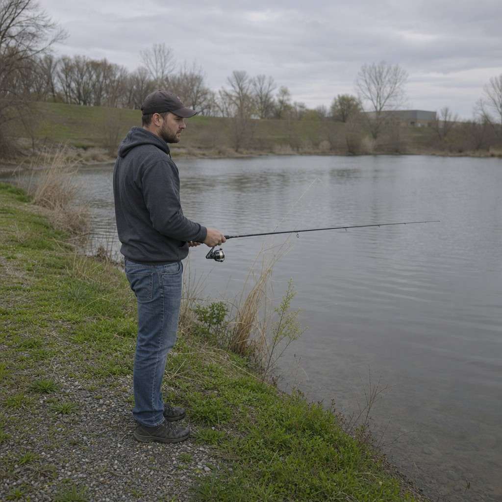 An everyday angler in plain clothes fishing from a grassy gravel pond bank with a simple rod on an overcast day