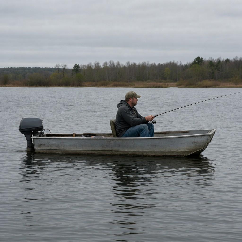 A small modest aluminum fishing boat with one angler on calm flat water on an overcast day, not a flashy bass boat