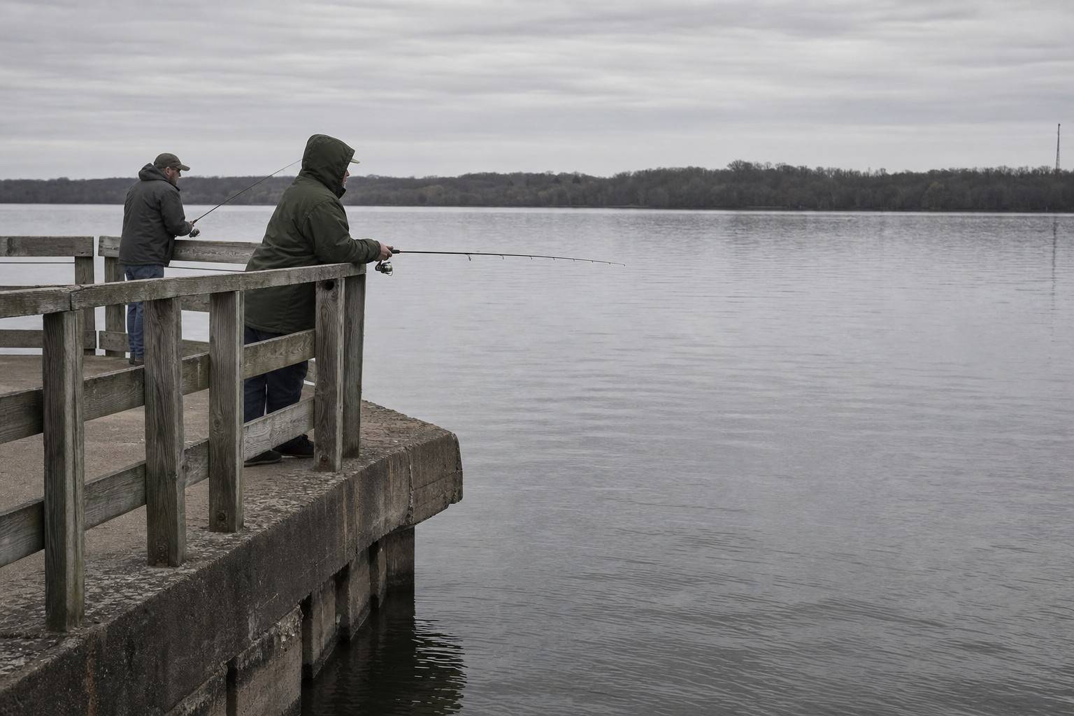 A public fishing pier reaching out over a calm US lake on an overcast day, with one or two everyday anglers fishing from it