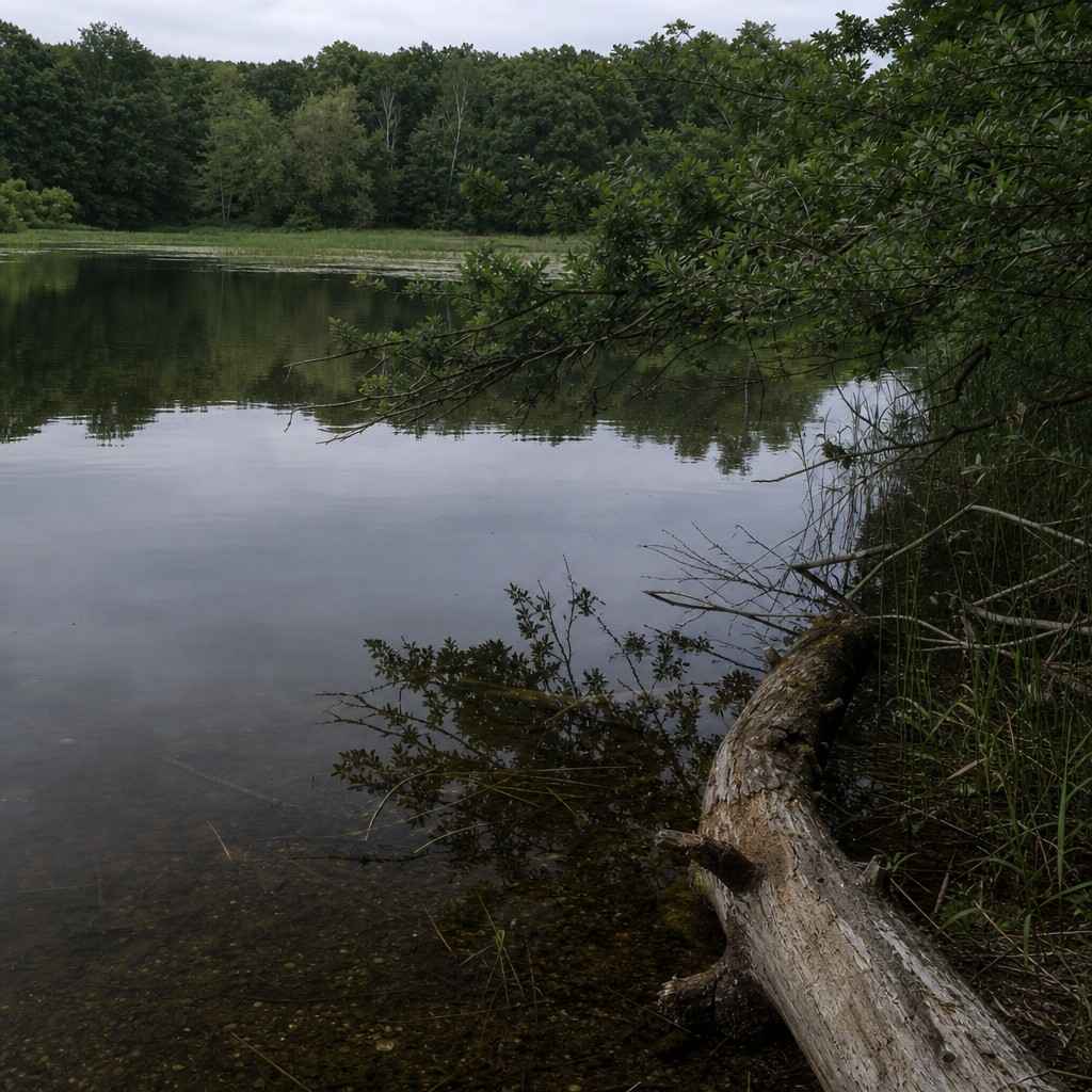 A shoreline showing fish-holding structure: a sunken log and an overhanging tree at the edge of calm water, with a weed edge along the bank