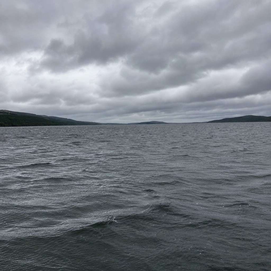 A moody overcast lake surface with a light wind ripple and a changing sky overhead, no people, conveying fishing weather and conditions