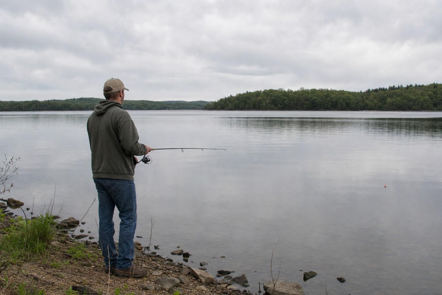 An everyday angler in plain clothes standing at the edge of a quiet, calm US lake under an overcast sky, fishing line slack on the still water, a contemplative slow-day mood