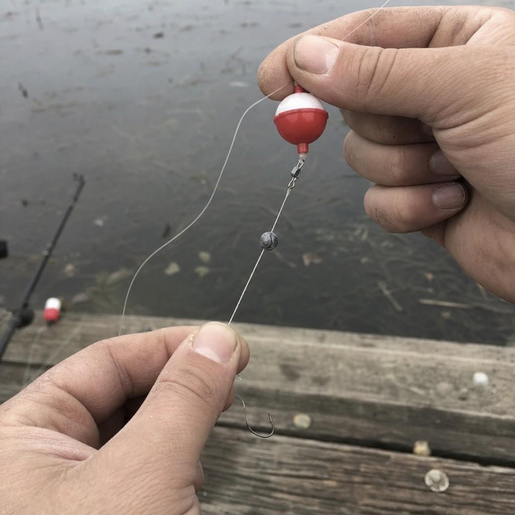 Close-up of realistic human hands tying a simple bobber rig on monofilament line, with a hook, a split-shot, and a red and white bobber clipped above