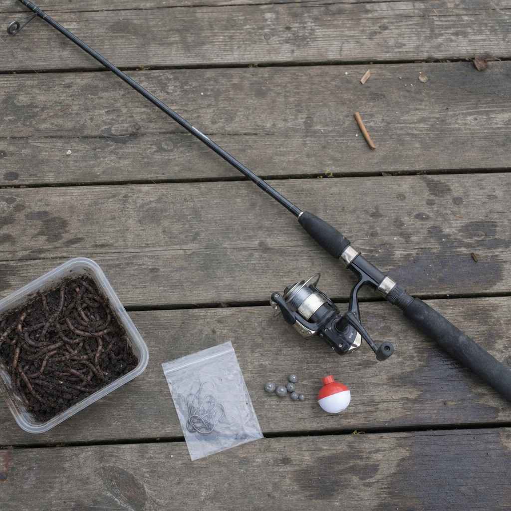 Top-down flat-lay of a basic beginner fishing kit on a weathered wooden dock board: a spinning rod-and-reel combo, a packet of hooks, split-shot, a red and white bobber, and an open tub of nightcrawlers
