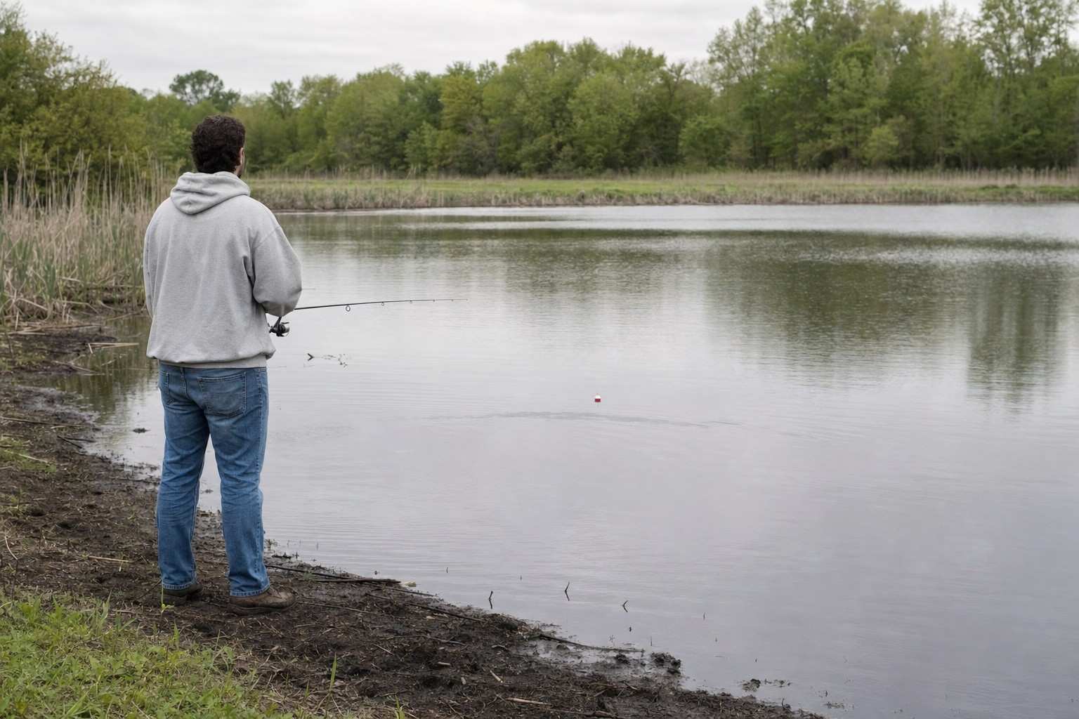 An average-build person in plain clothes at the edge of a small pond on an overcast day, holding a simple spinning rod with a red-and-white bobber on the calm water